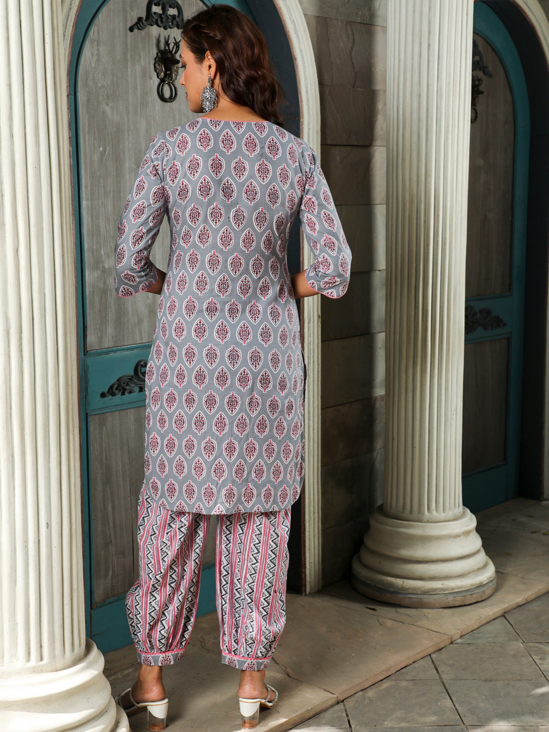 Grey Ethnic Motif Printed Straight Kurta With Zig-Zag Printed Afghani Salwar