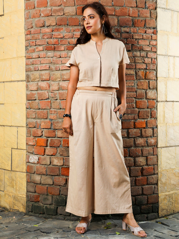 Beige Cropped Shirt With Pants Solid Co-Ord Set
