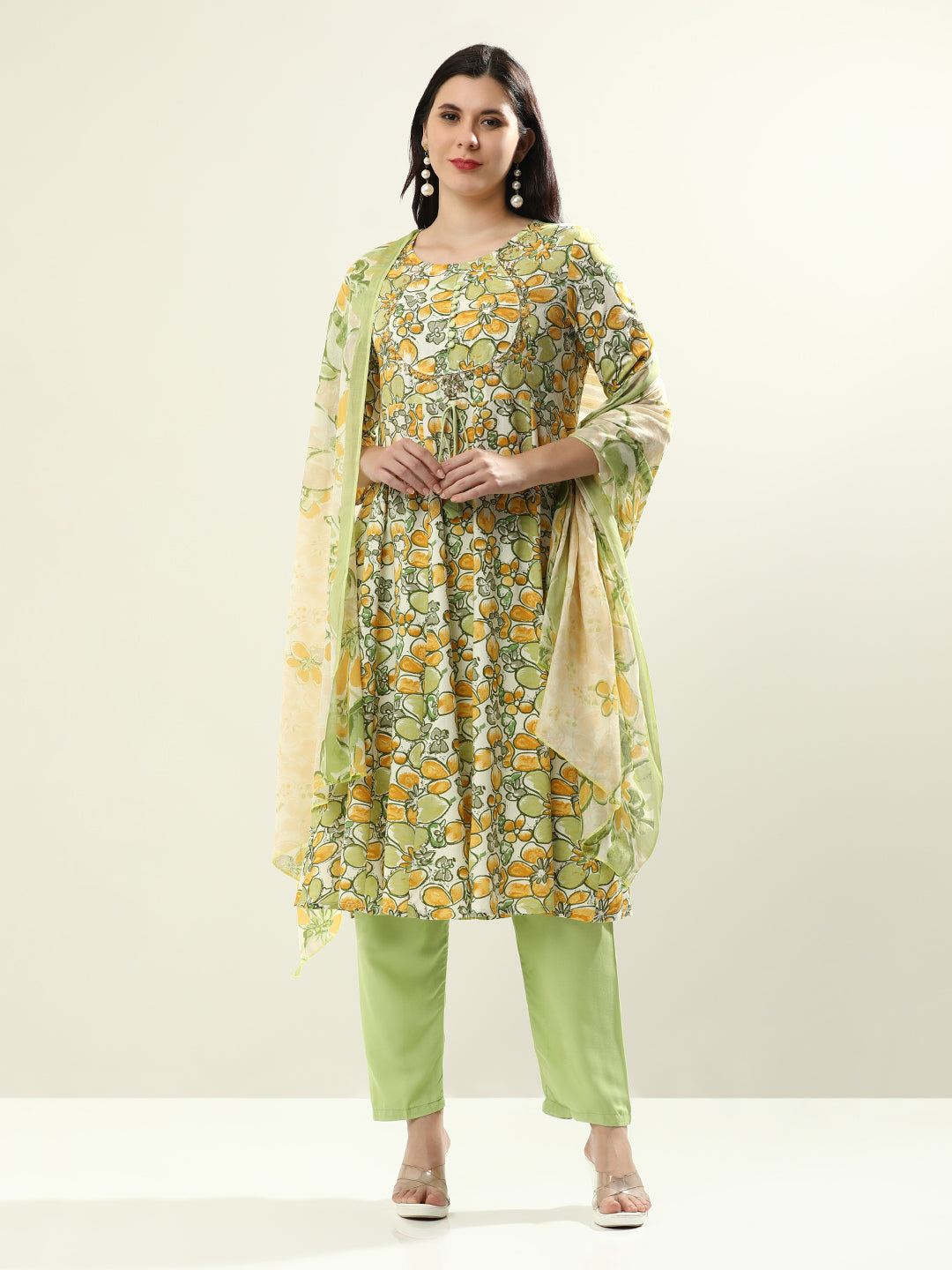Embroidered Pure Cotton Floral Flared Kurta Sets With Dupatta