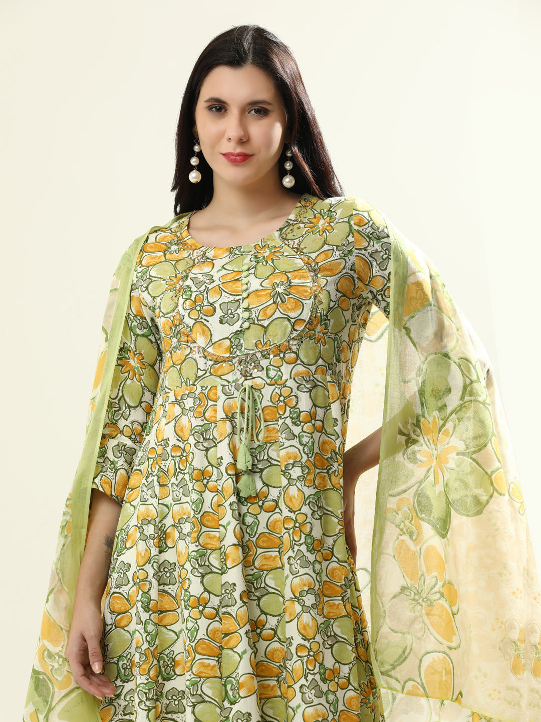 Embroidered Pure Cotton Floral Flared Kurta Sets With Dupatta