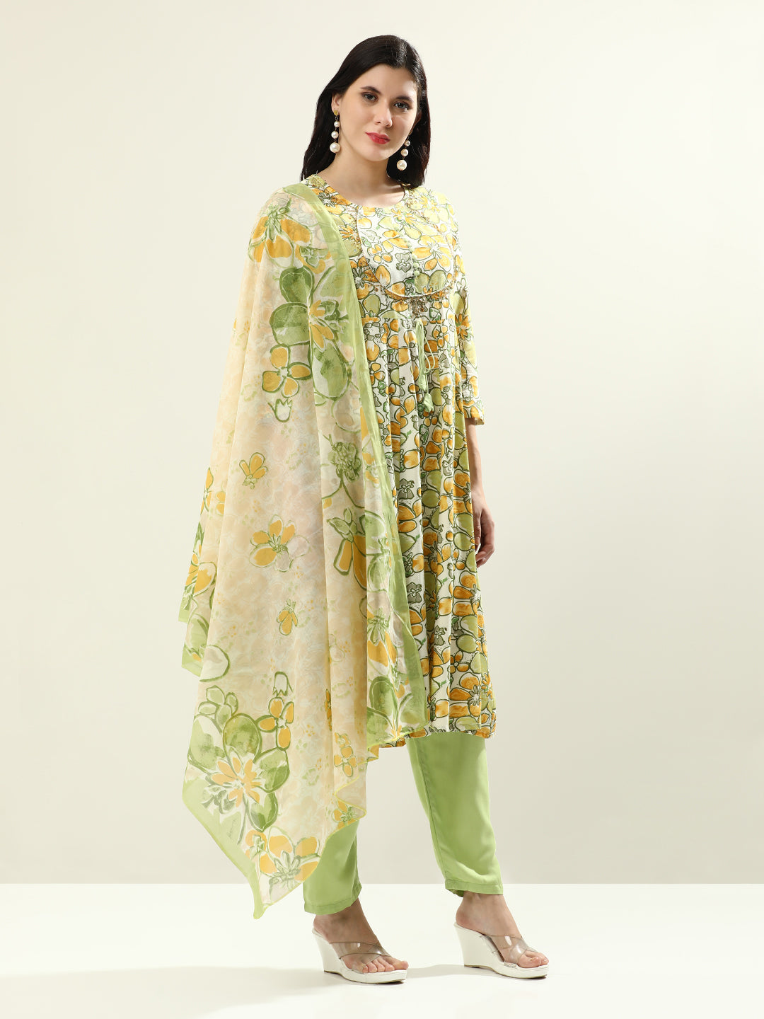 Embroidered Pure Cotton Floral Flared Kurta Sets With Dupatta