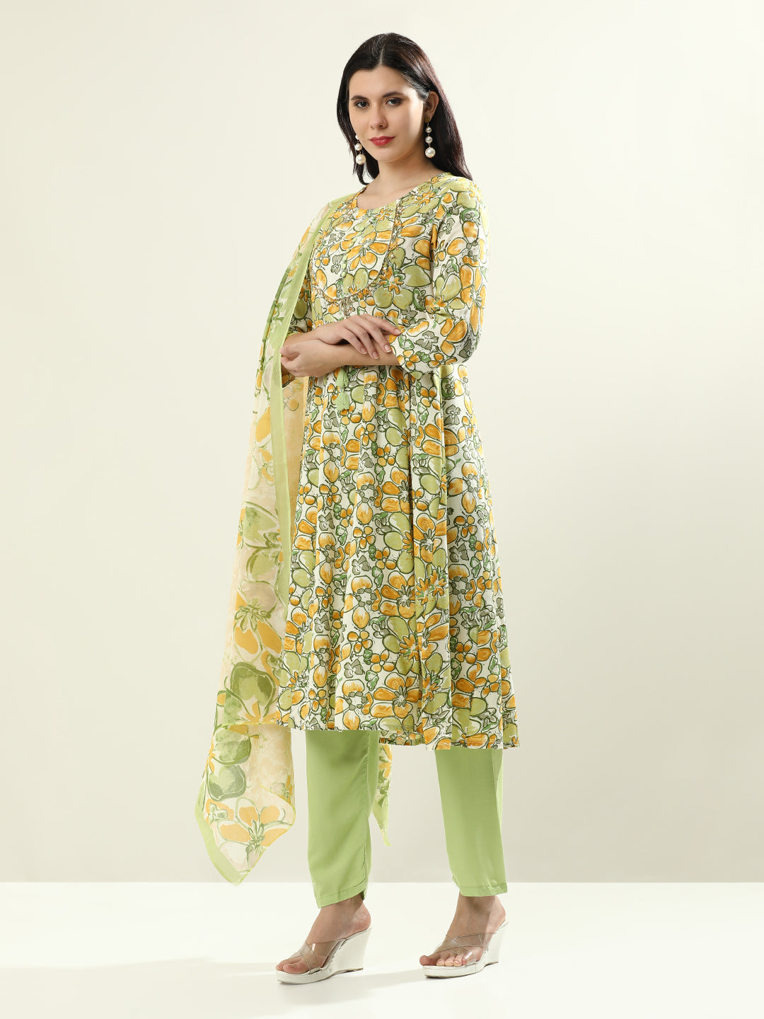 Embroidered Pure Cotton Floral Flared Kurta Sets With Dupatta