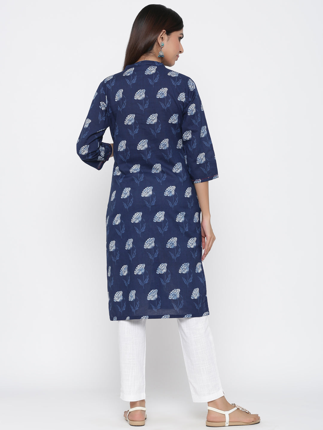 Indigo Floral Motif Straight Cotton Kurta