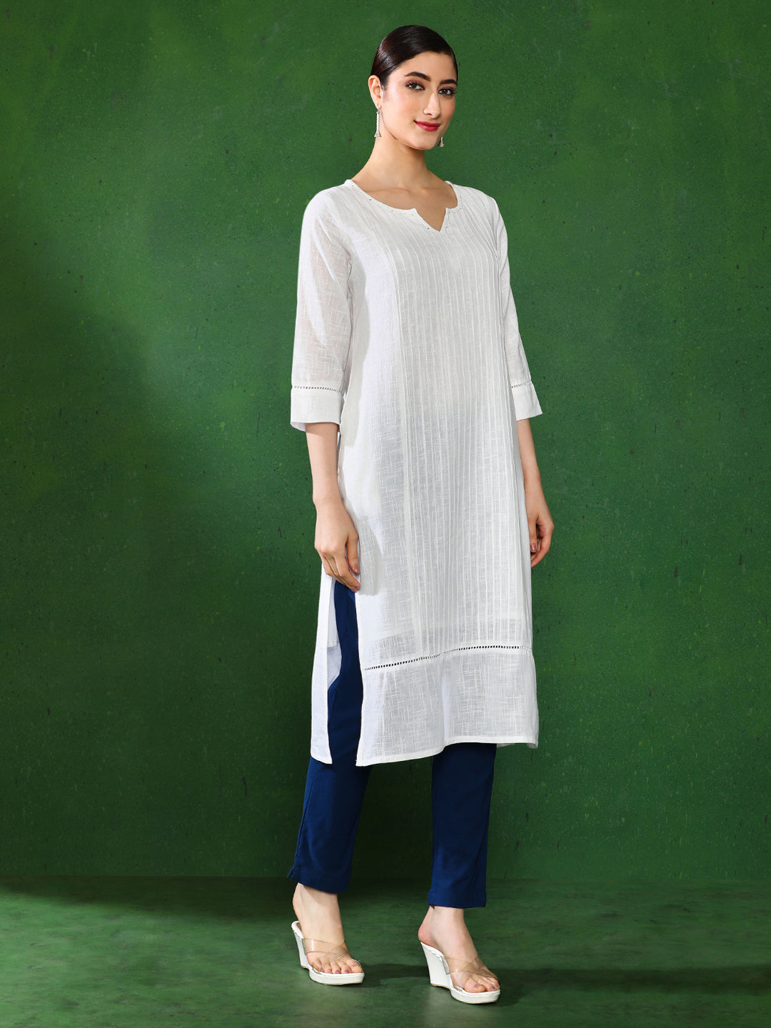 White Cotton Pin Tucks Straight Kurta