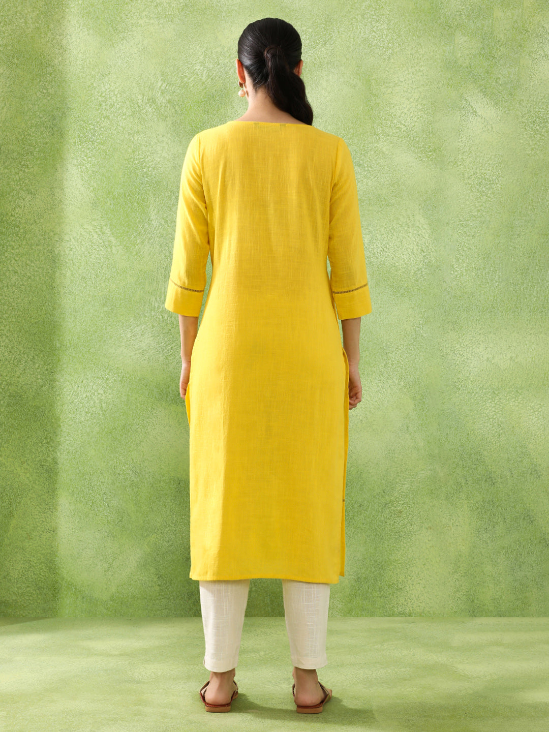 Woven Design Embroidered Straight Pure Cotton Kurta