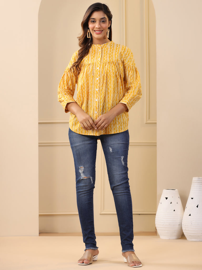 Yellow Gathered Loose Fit Printed Top