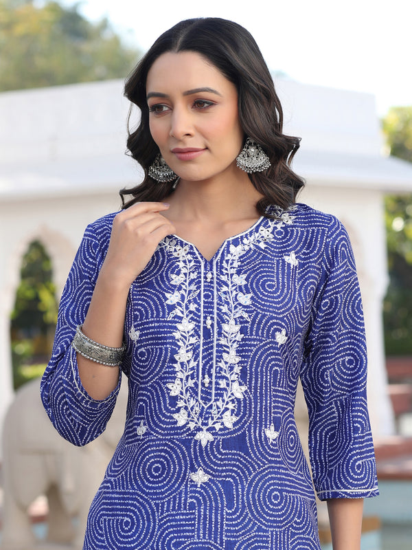 Blue Mirror Work Embroidered Muslin Straight Kurta With White Cotton Straight Fit Trousers