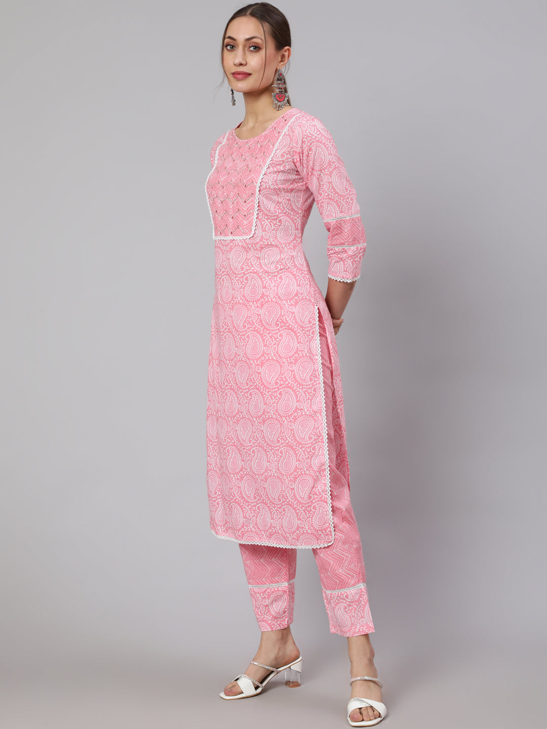 Pink Ethnic Paisley Printed Cotton Kurta With Pants