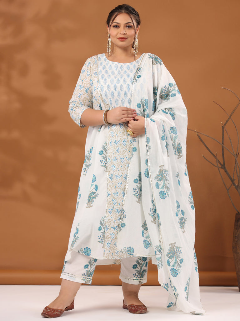 Plus Size White & Turquoise Blue Ethnic Printed Flared Kurta With Pants & Dupatta