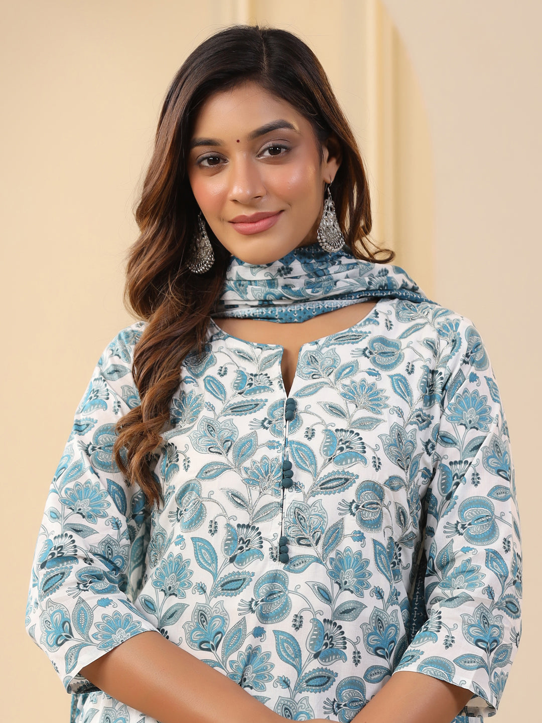Blue Ethnic Floral Printed Embroidered Kurta With Printed Pants And Printed Dupatta