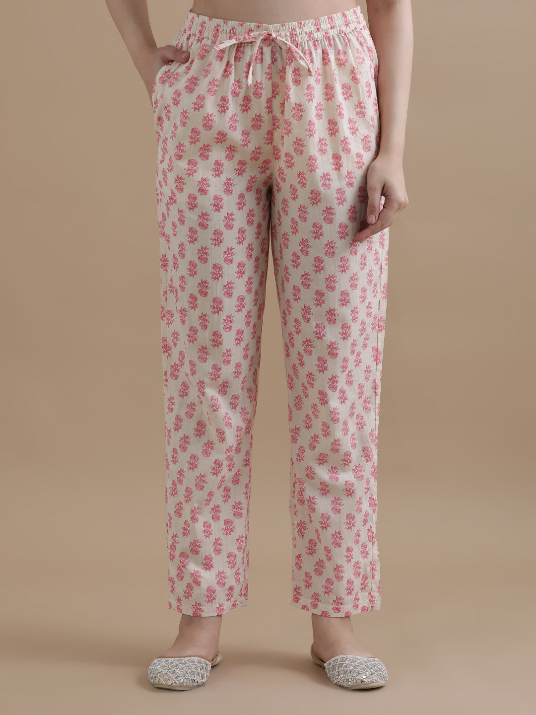 Off White Angrakha Style Floral Printed Gotta Patti Pure Cotton Kurta With Pant & Chiffon Dupatta