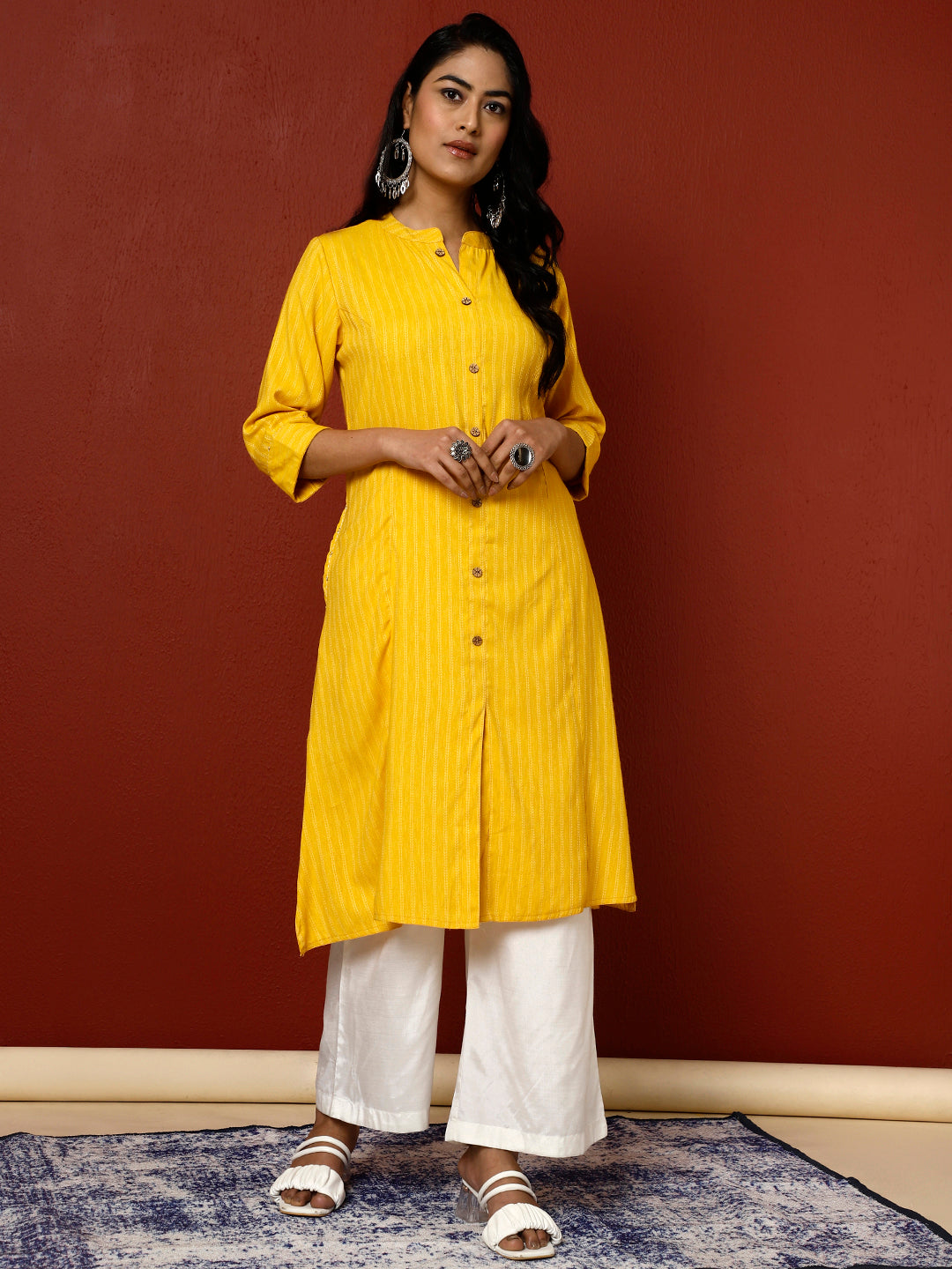 Yellow Self Design A-line Kurta