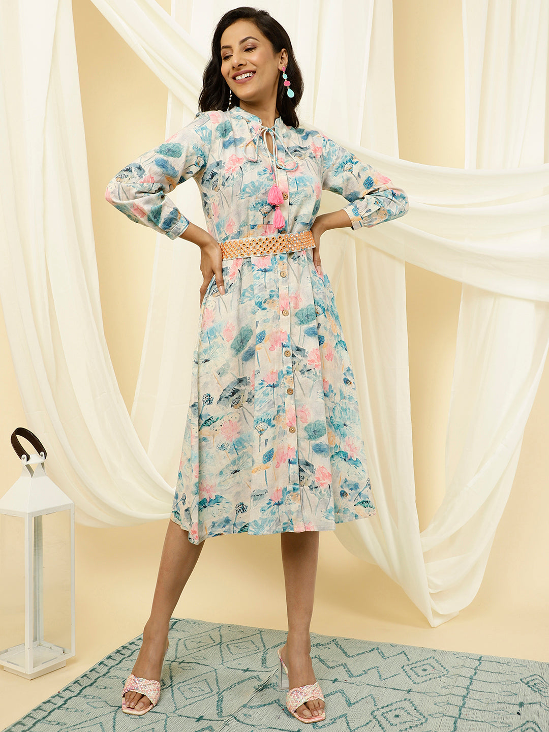 Abstract Print Blue A-line Dress With Belt