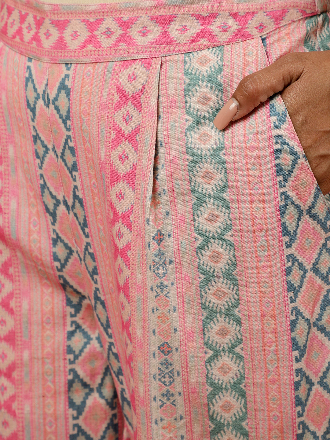 Mirror Embroidered Pink Straight Kurta With Geometric Printed Pants