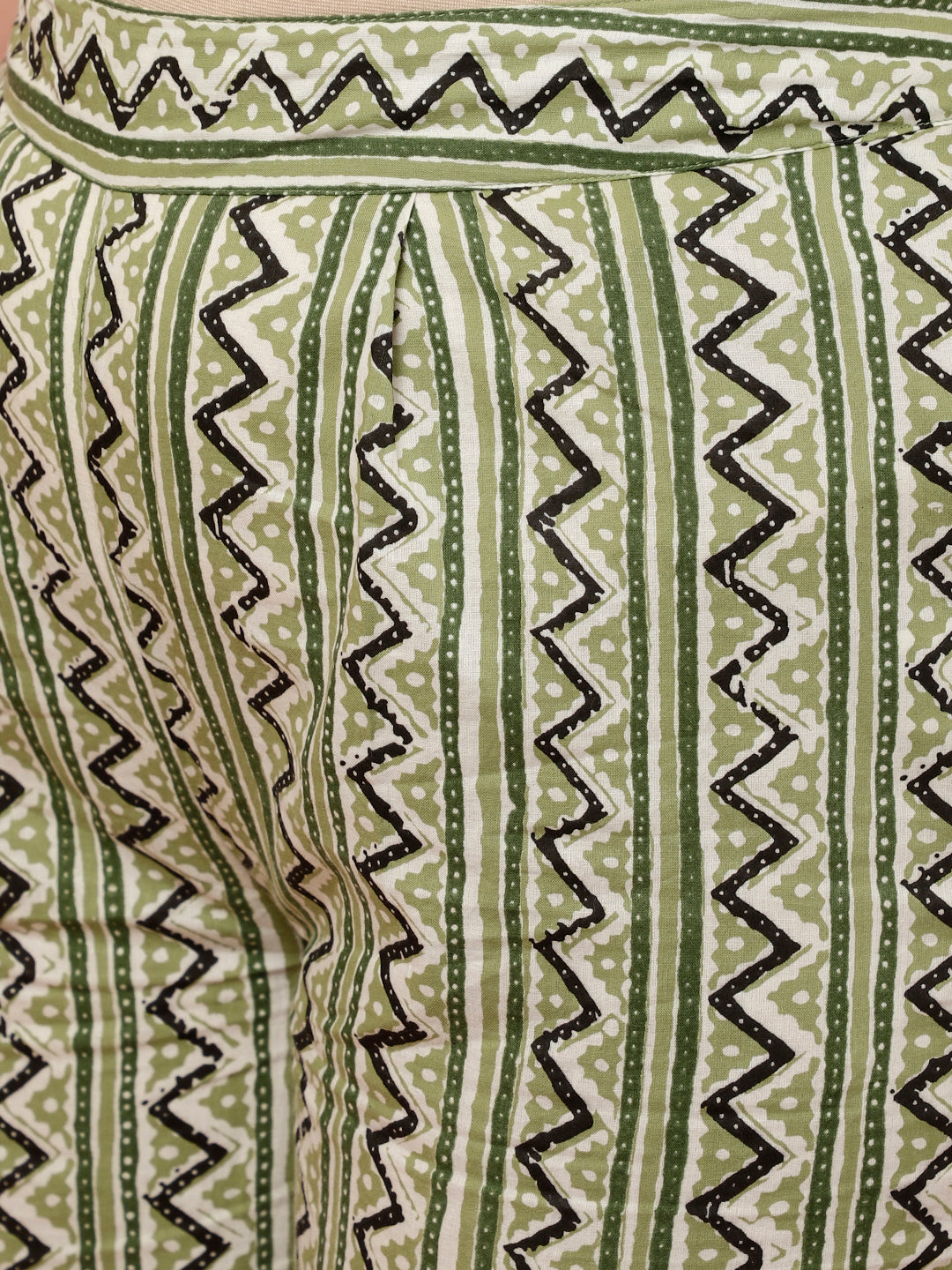 Olive Green Ethnic Printed Flared Kurta With Zig-Zag Printed Pants And Dupatta