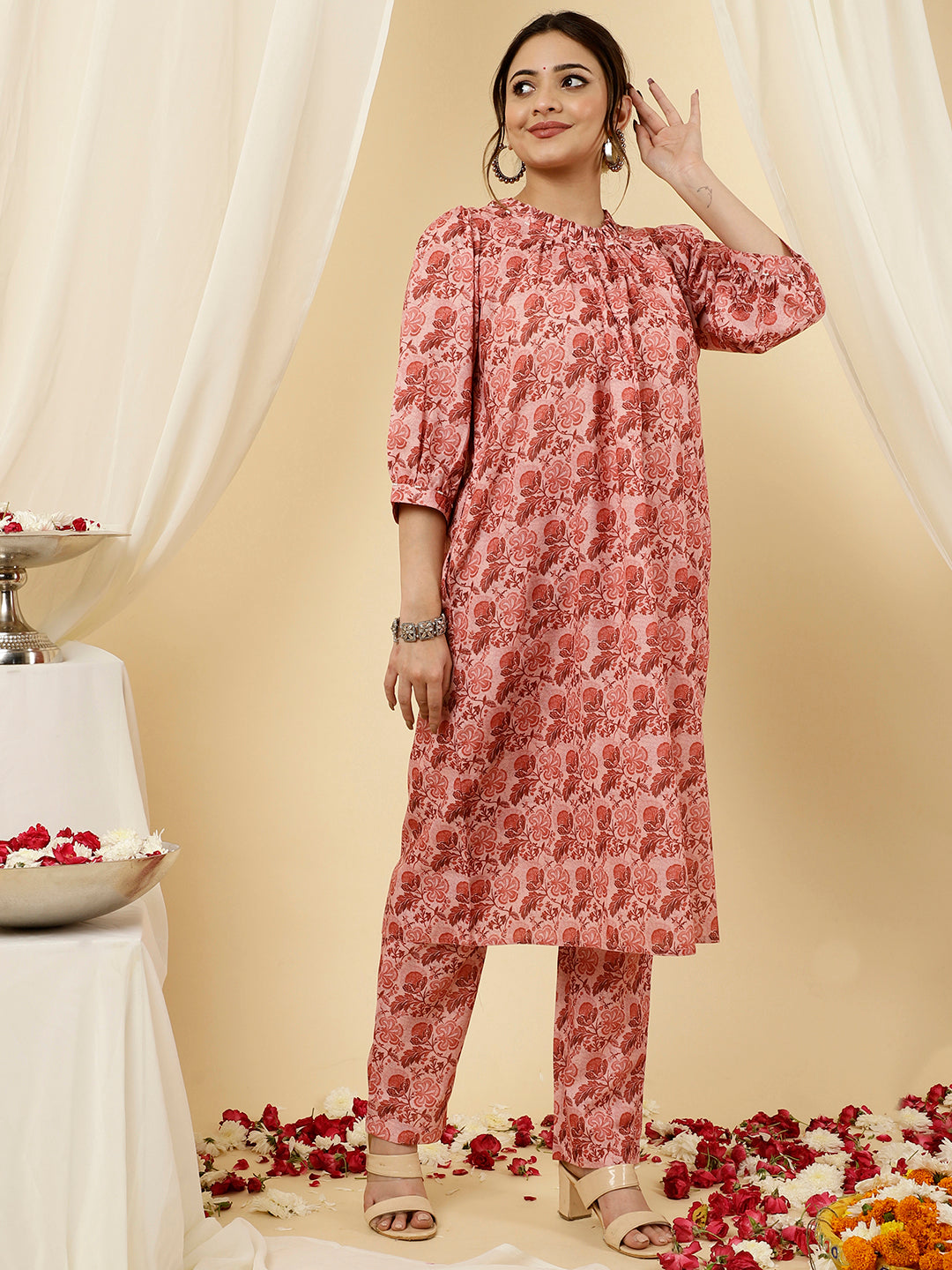 Floral Peach Loose Fit Kurta With Pants