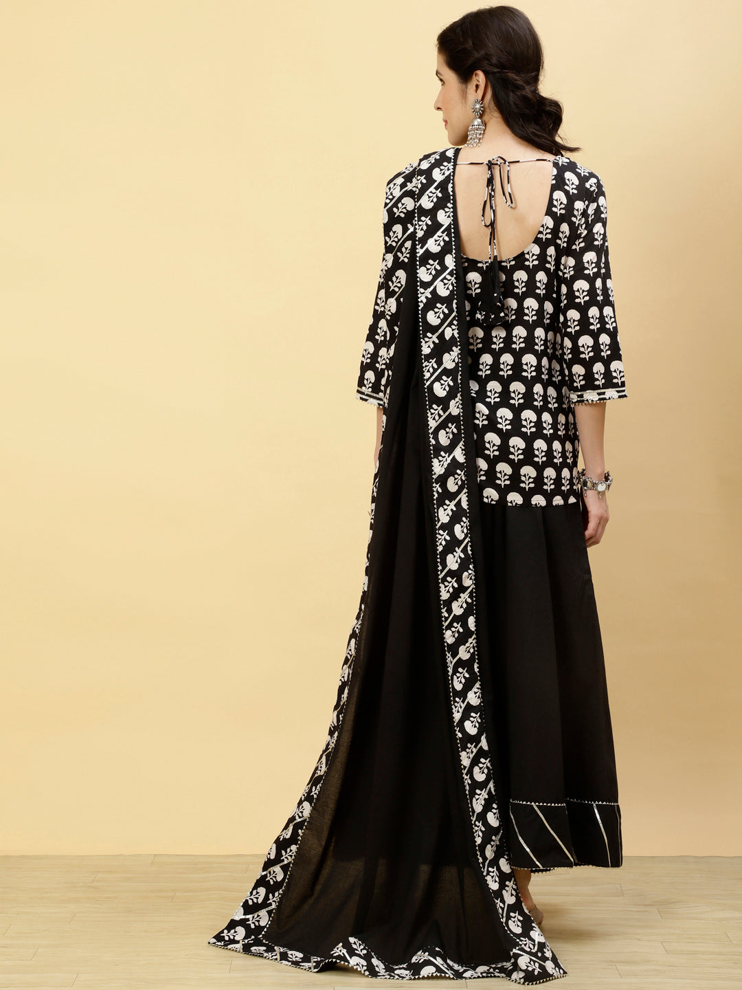 Ethnic Printed Black Short Kurti With Skirt And Dupatta