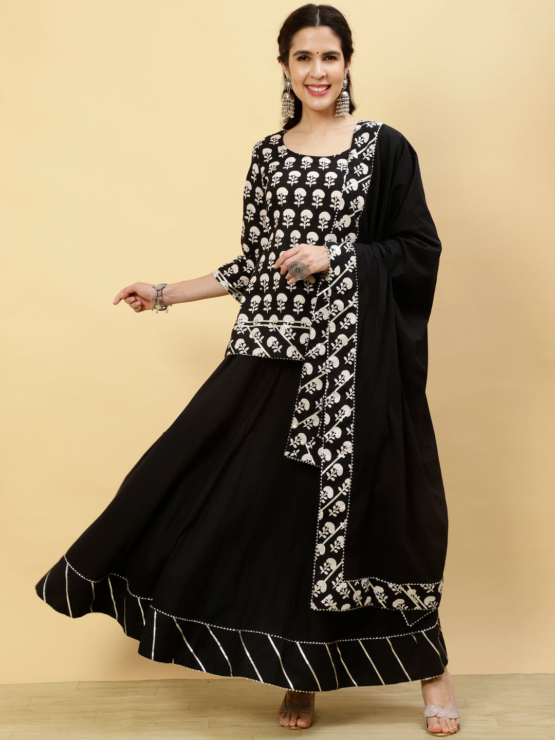 Ethnic Printed Black Short Kurti With Skirts And Dupatta