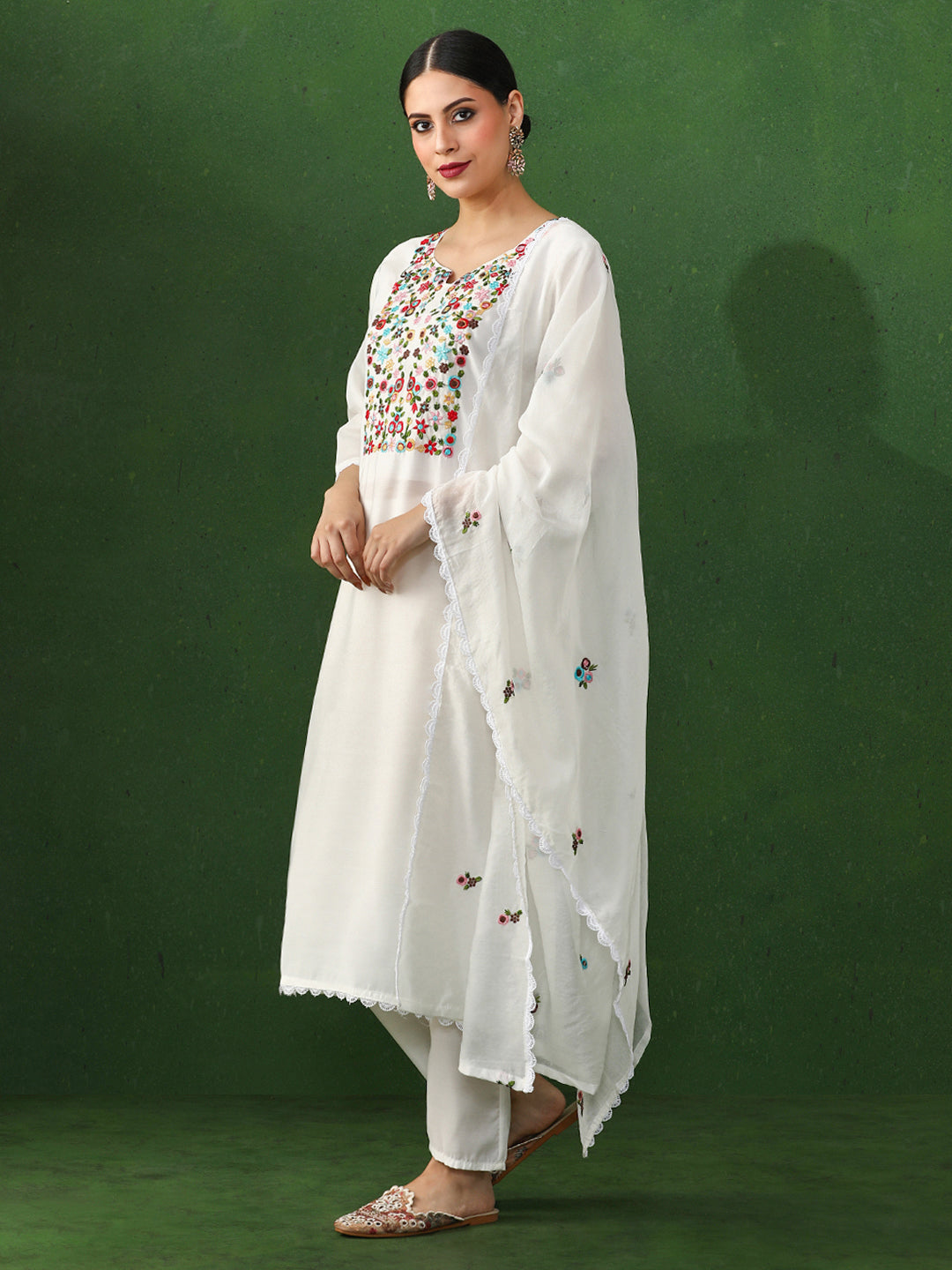 Floral Embroidered Straight Chanderi Silk Kurta & Trousers Sets