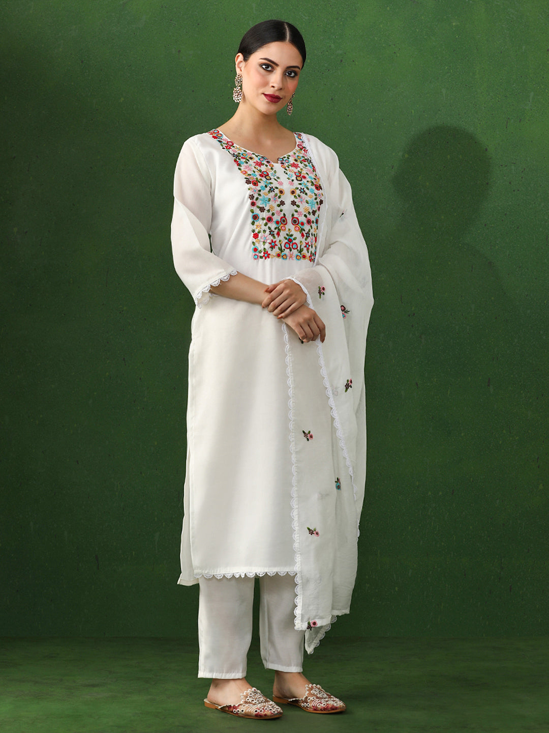 Floral Embroidered Straight Chanderi Silk Kurta & Trousers Sets
