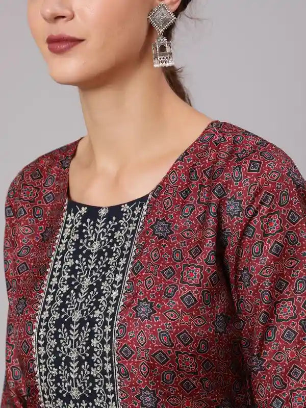 Maroon Silk blend Embroidered printed straight kurta with printed pant & kota doriya dupatta