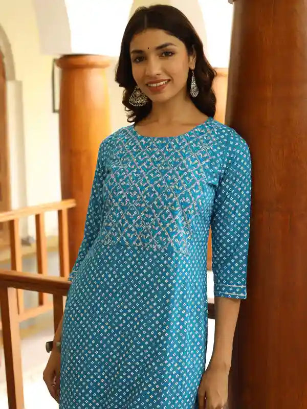 Turquoise Blue Ethnic Printed Straight Rayon Kurta With Embroidered Yoke And Cotton Pants