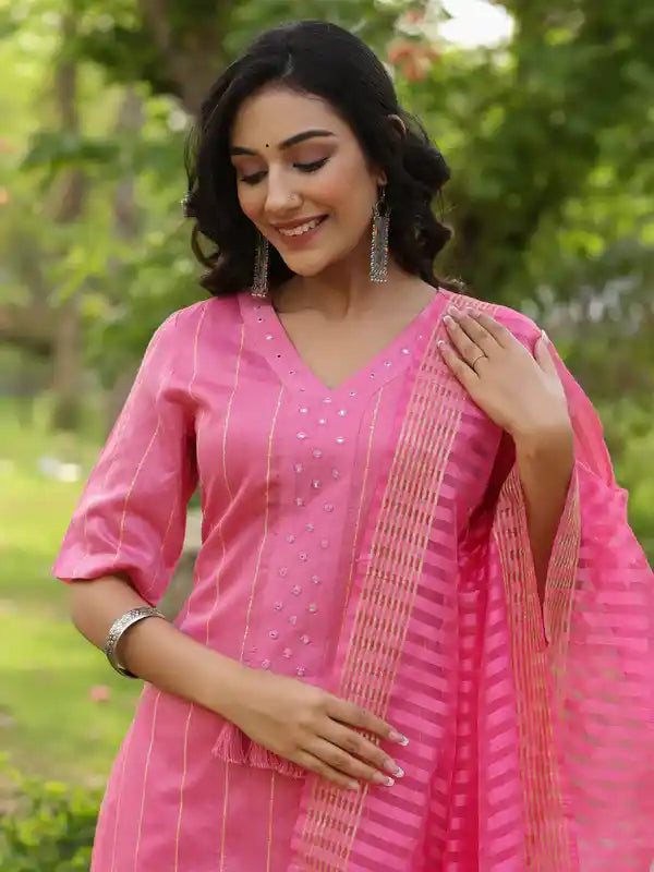 Pink Sequnce Stripe Embroidered Chanderi Kurta With Pants And Dupatta