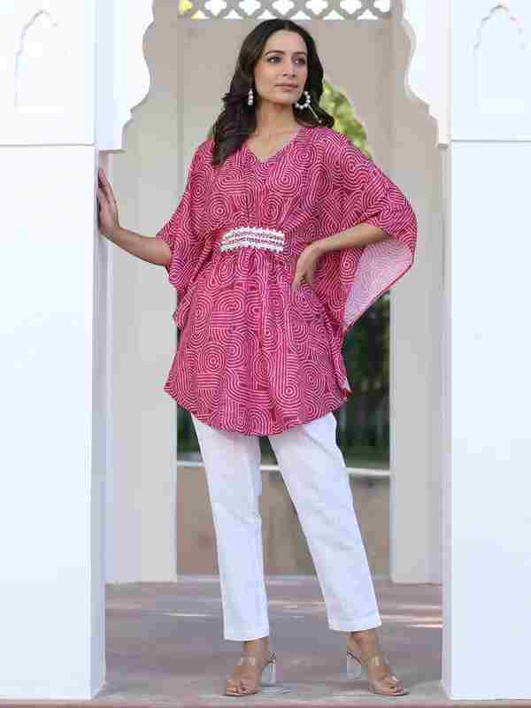 Red Embroidred Broach Belt Printed Muslin Kaftan Top With White Cotton Straight Fit Tousers