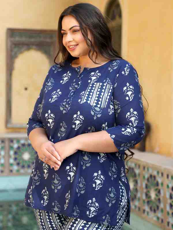 Navy Blue Cotton Printed Lounge Wear Top With Bottom