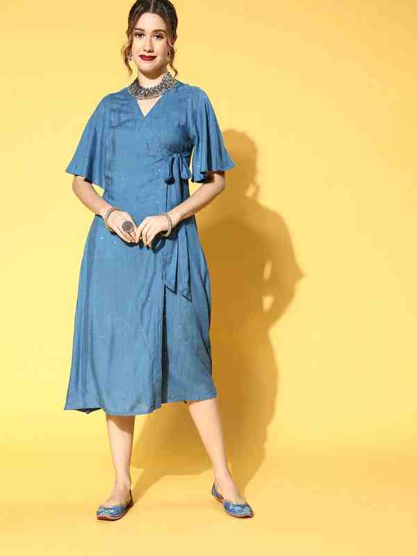 Blue Overlap Wrap Flared Rayon Self Weave Sequence Dress