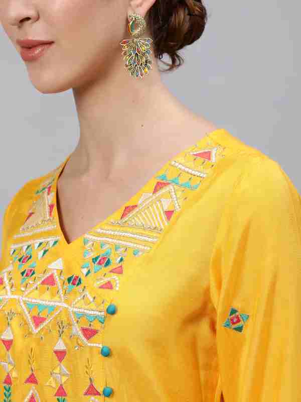 Asymetirc Solid Embroidered Kurta With Palazzo And Dupatta
