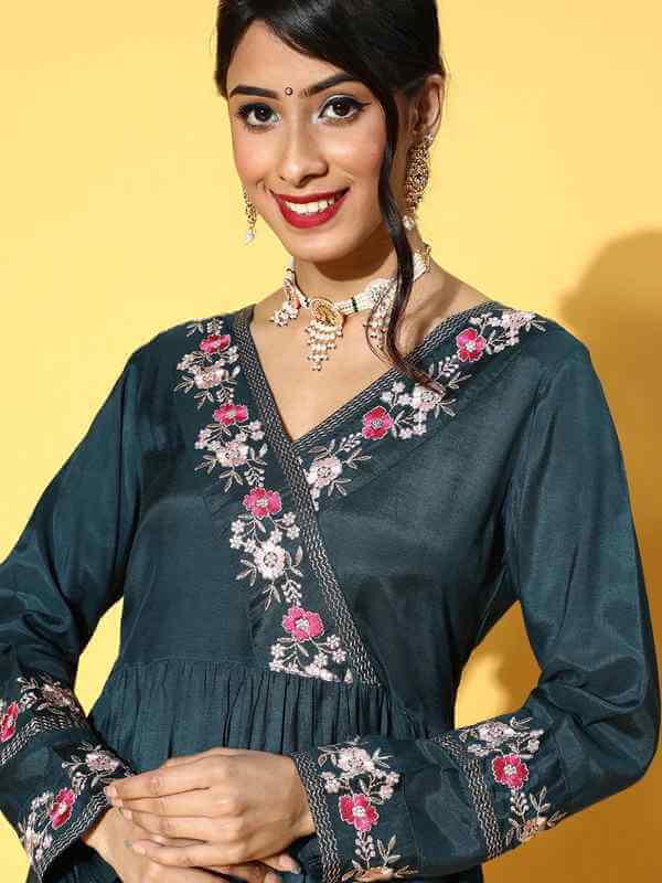 Teal Embroidered Gathers Kurta With Chudidar