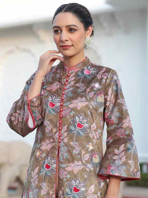 Beige Printed Embroidered Velvet Straight Kurta Paired With Solid Velvet Palazzo