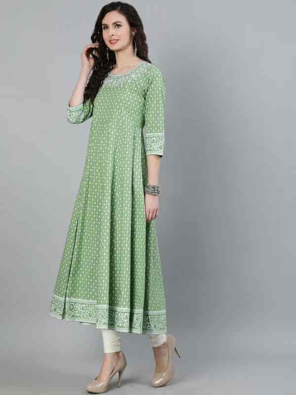 Green Printed Anarkali With Embroidered Yoke