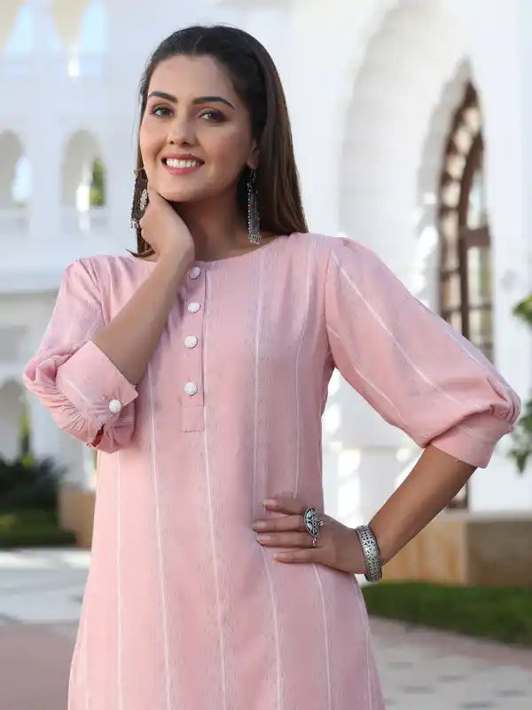 Pink Self Weave Yarn Dyed Rayon Co-Ord Set With Pearl Embellished Back Slit Kurta And Pants