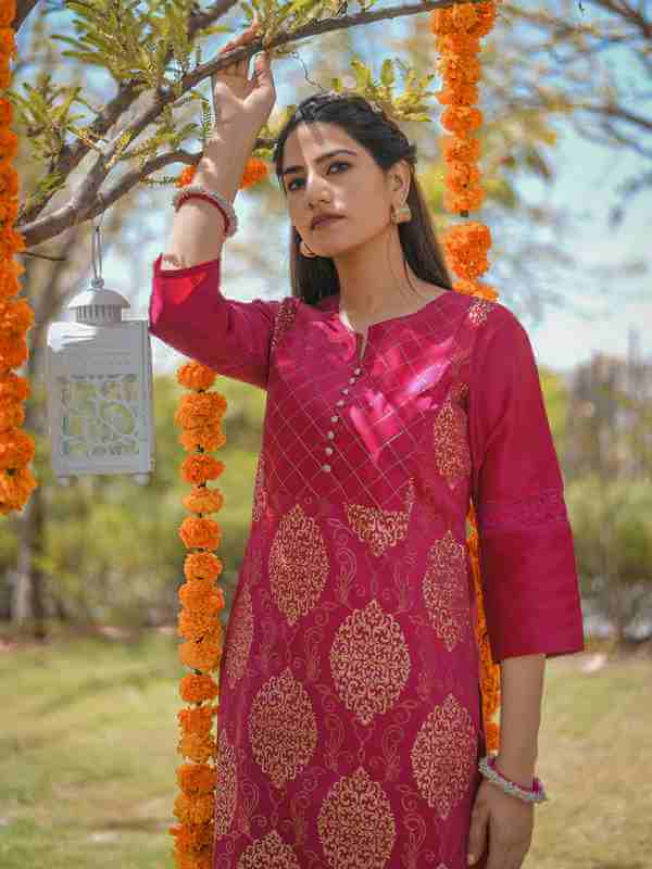 Pink Printed Straight Thread & Lace Work Kurta With Pants
