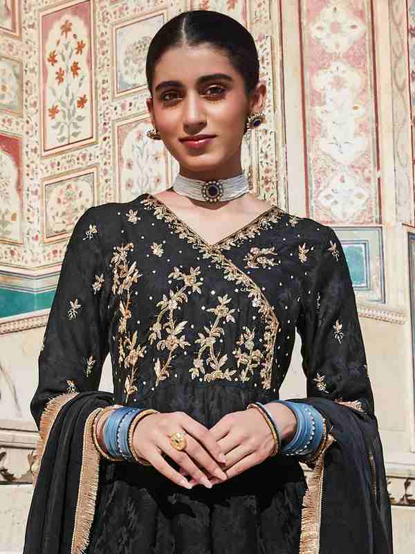 Black Silk Dobby Embroidered Anarkali Long Kurta With Silk Blend Trousers And Organza Embroidred Dupatta