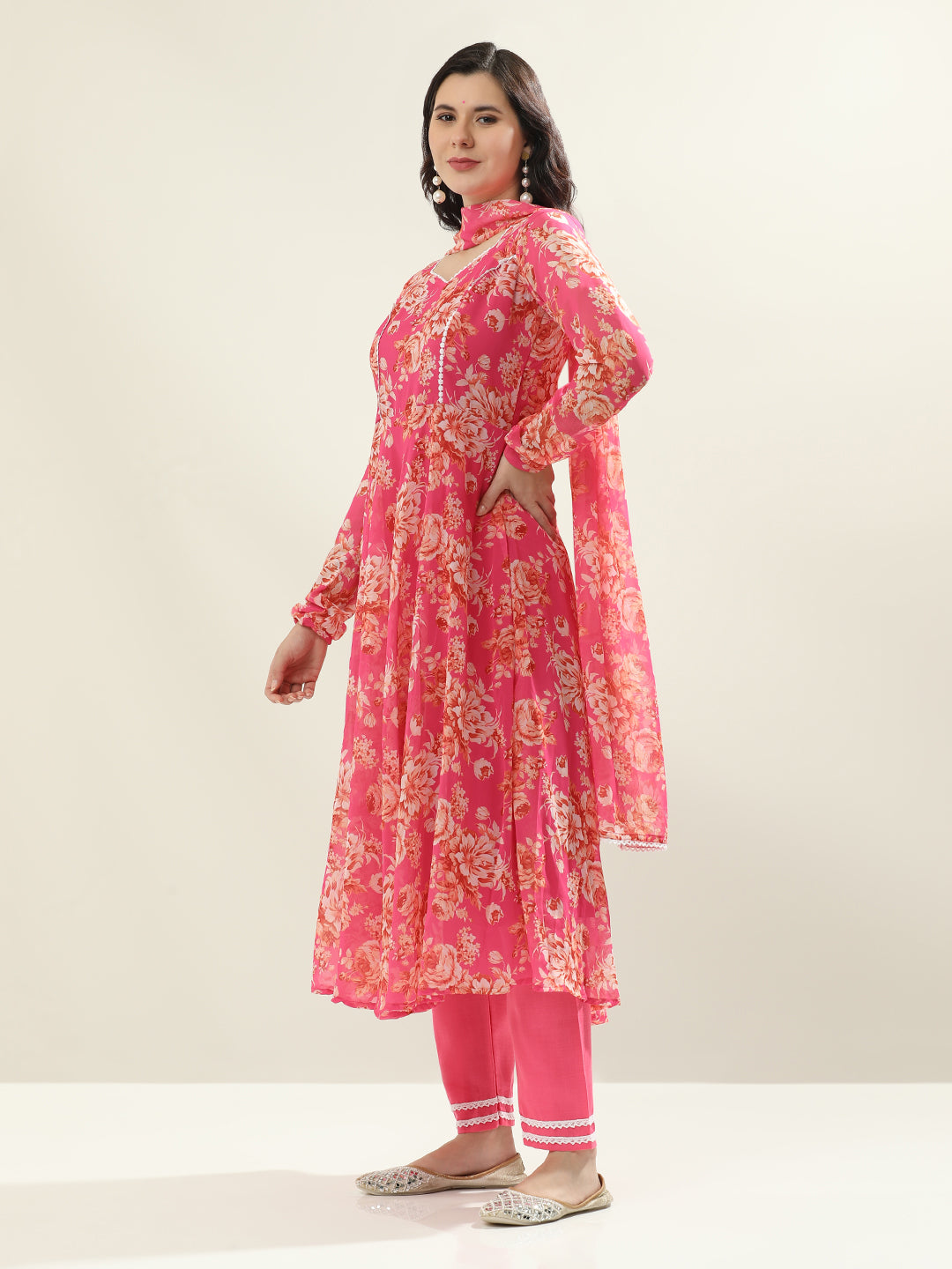 Floral Embroidered Anarkali Georgette Flared Kurta & Trousers Sets