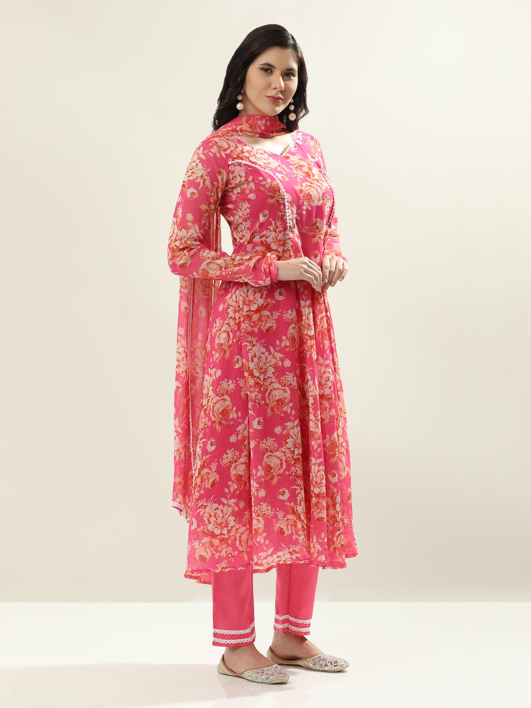 Floral Embroidered Anarkali Georgette Flared Kurta & Trousers Sets