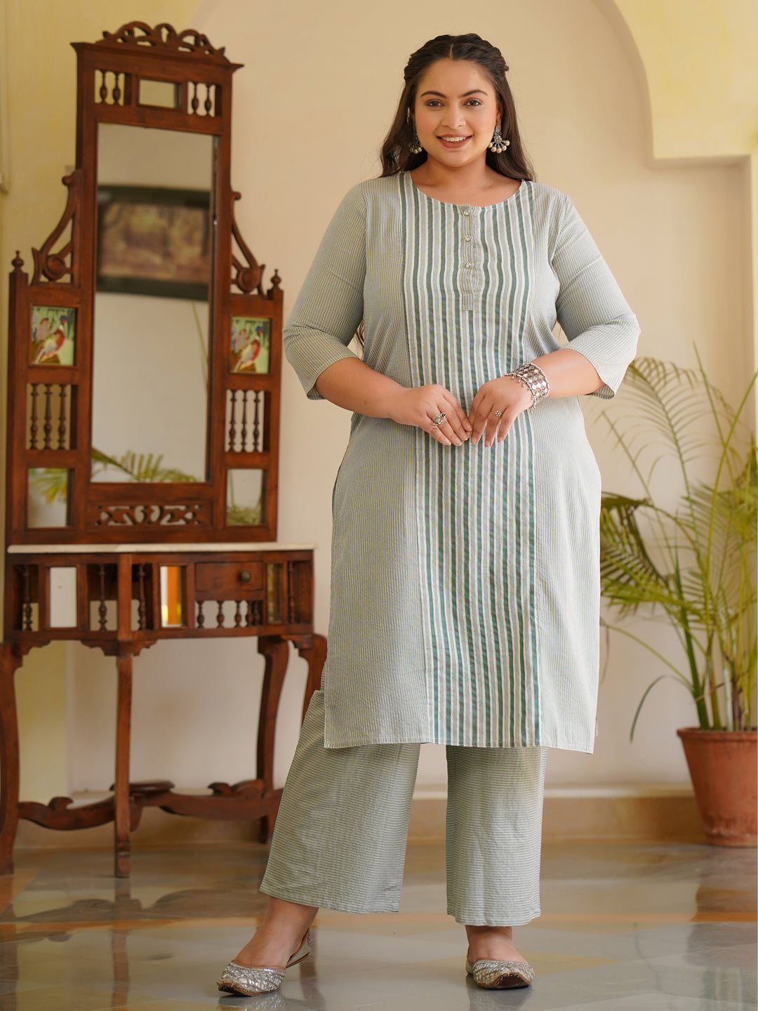 Green Self-Striped Straight Cotton Blend Kurta With Palazzos