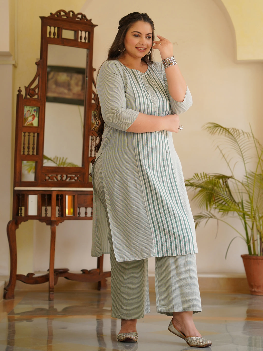 Green Self-Striped Straight Cotton Blend Kurta With Palazzos