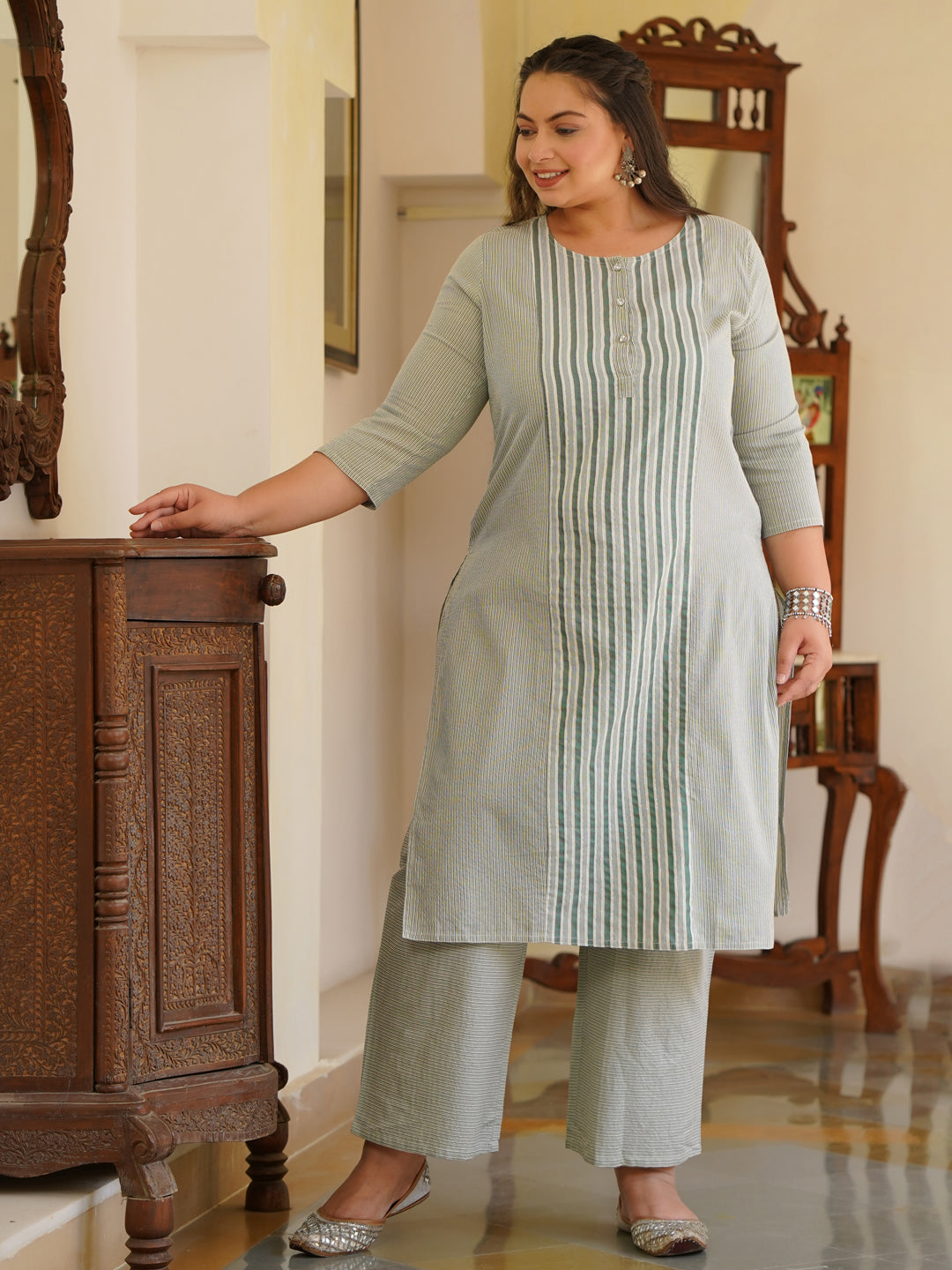 Green Self-Striped Straight Cotton Blend Kurta With Palazzos