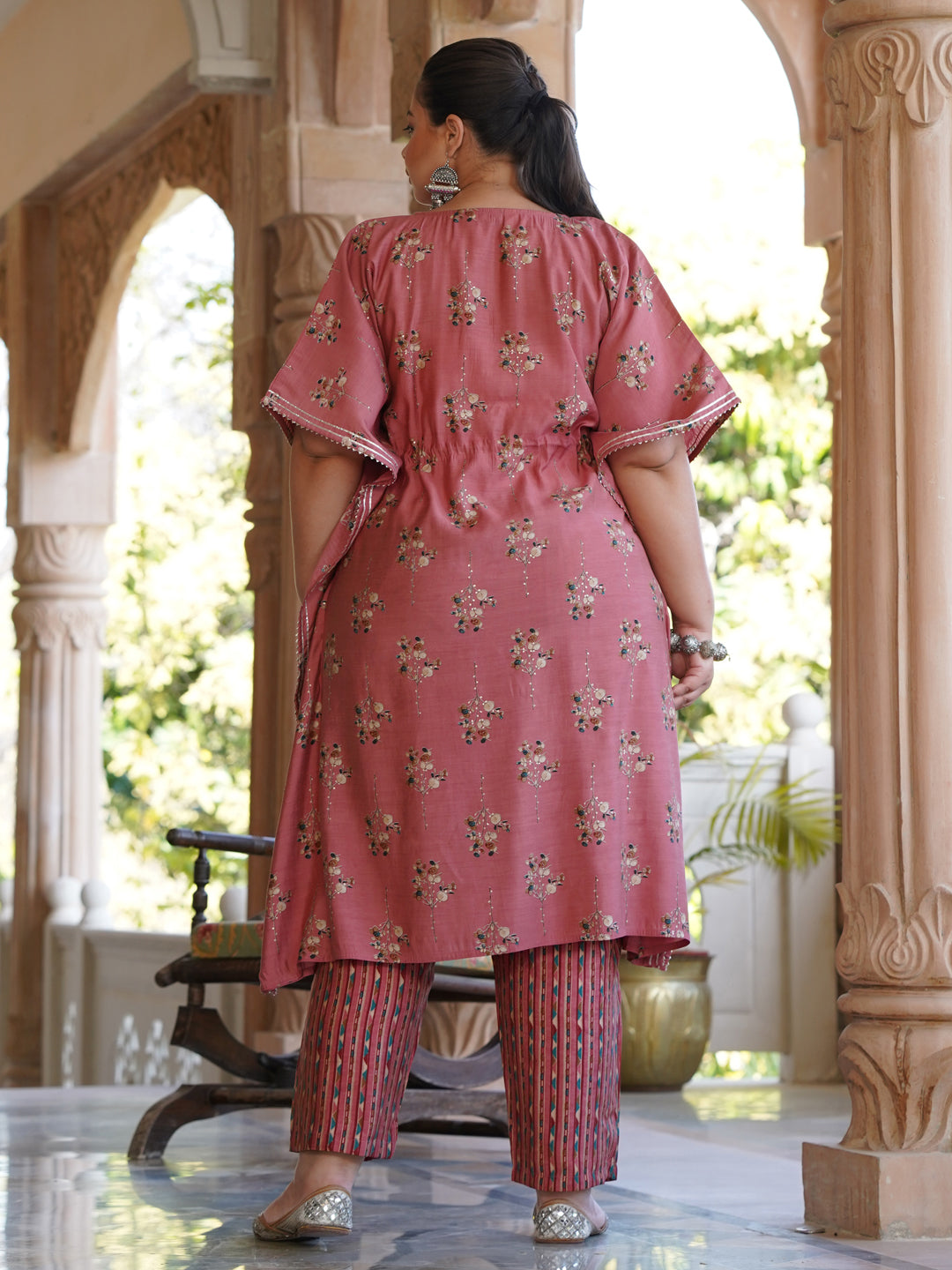 Pink Chanderi Printed Kaftan With Pant