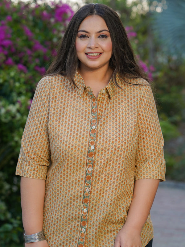 Plus Size Yellow Ethnic Floral Printed Cotton Shirt