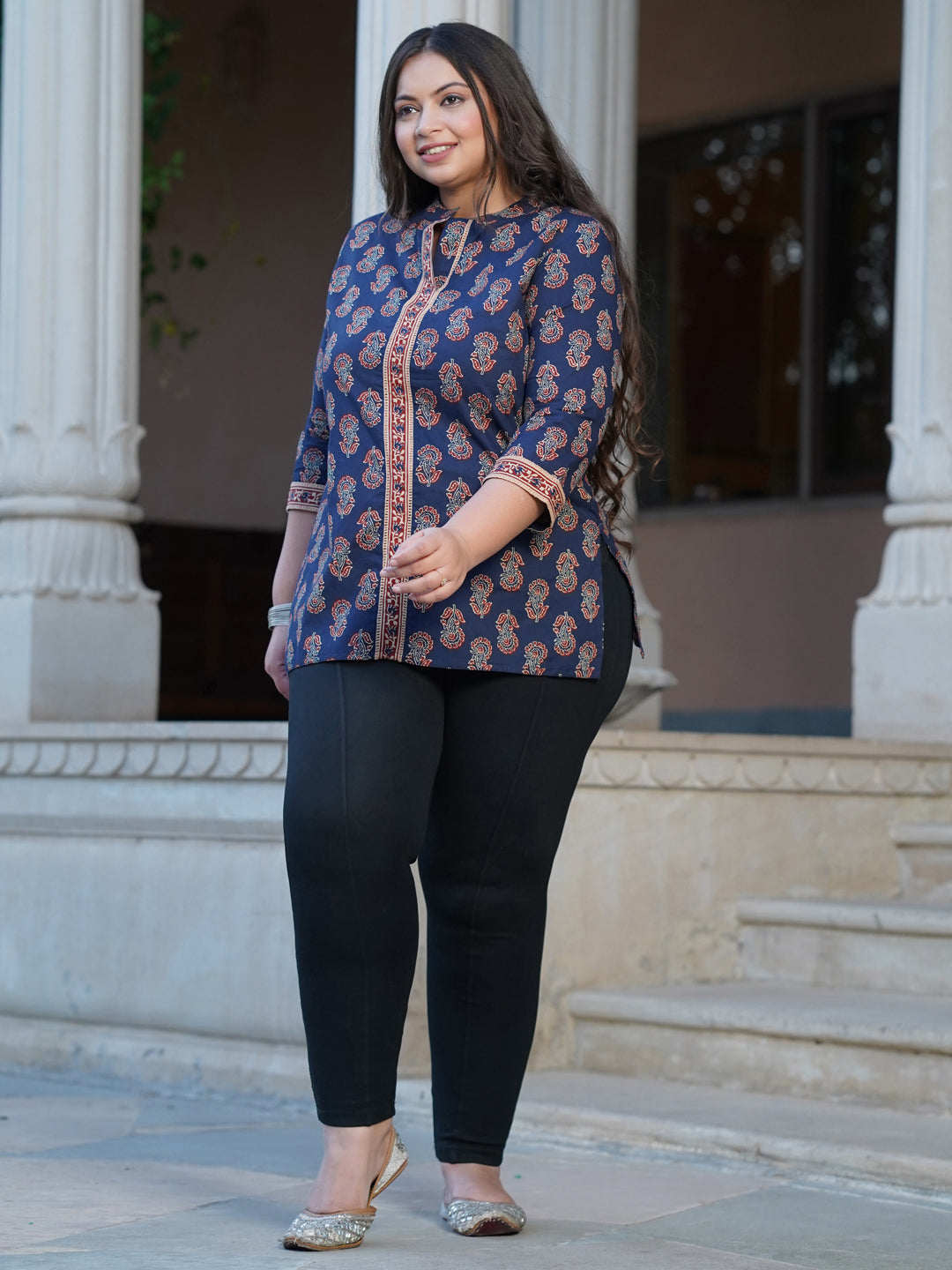 Plus Size Indigo Blue Ethnic Floral Printed Cotton Short Kurta