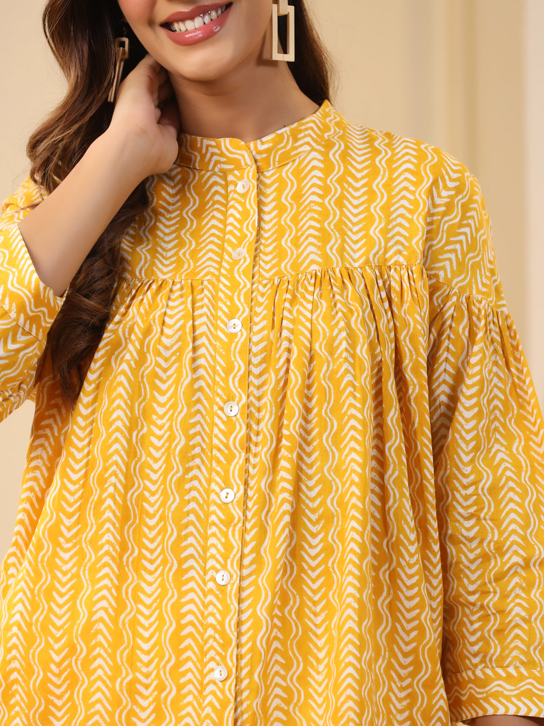 Geometric Printed Yellow And White Cotton Co-Ord Set