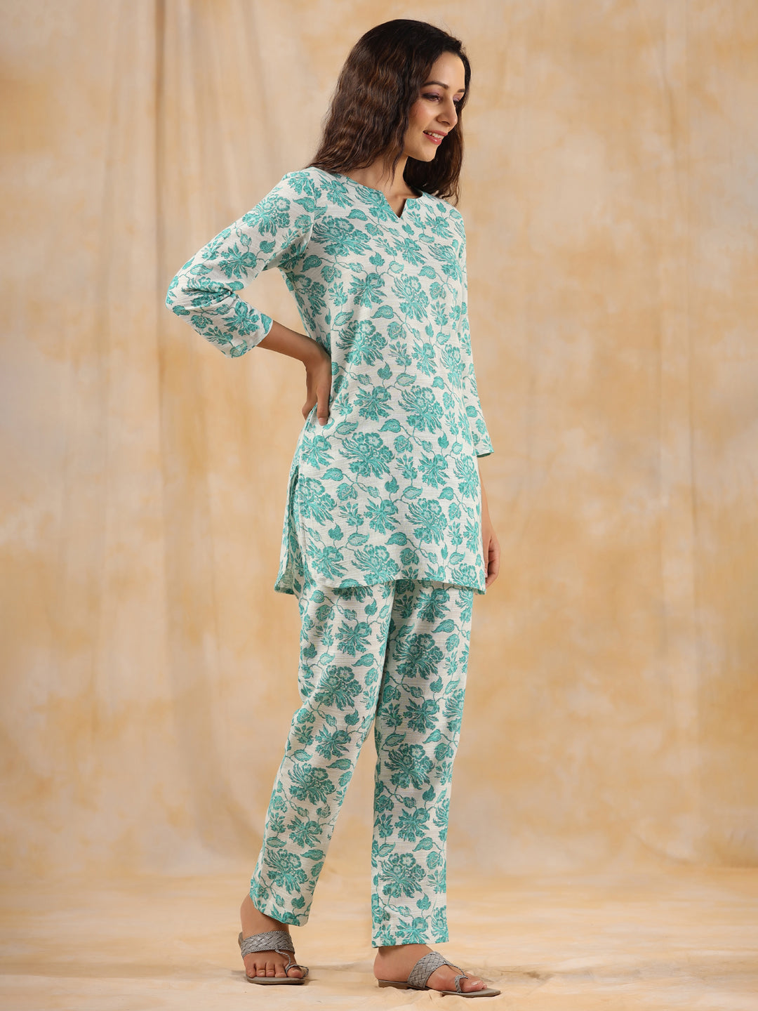 Sea Green Floral Printed Cotton Loungewear