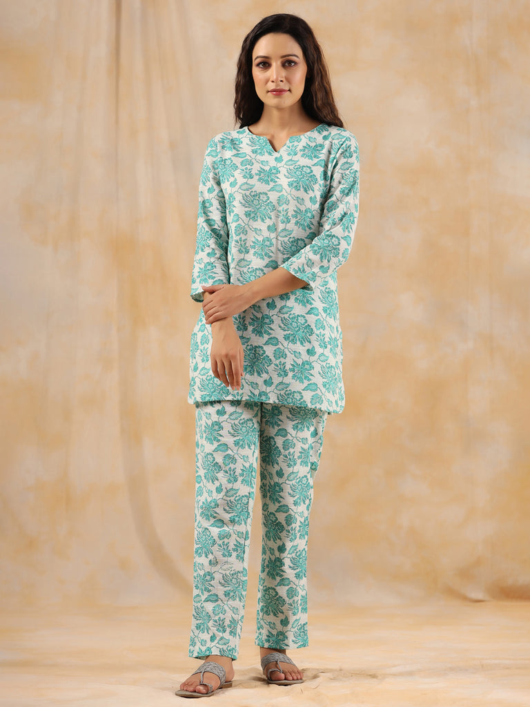 Sea Green Floral Printed Cotton Loungewear