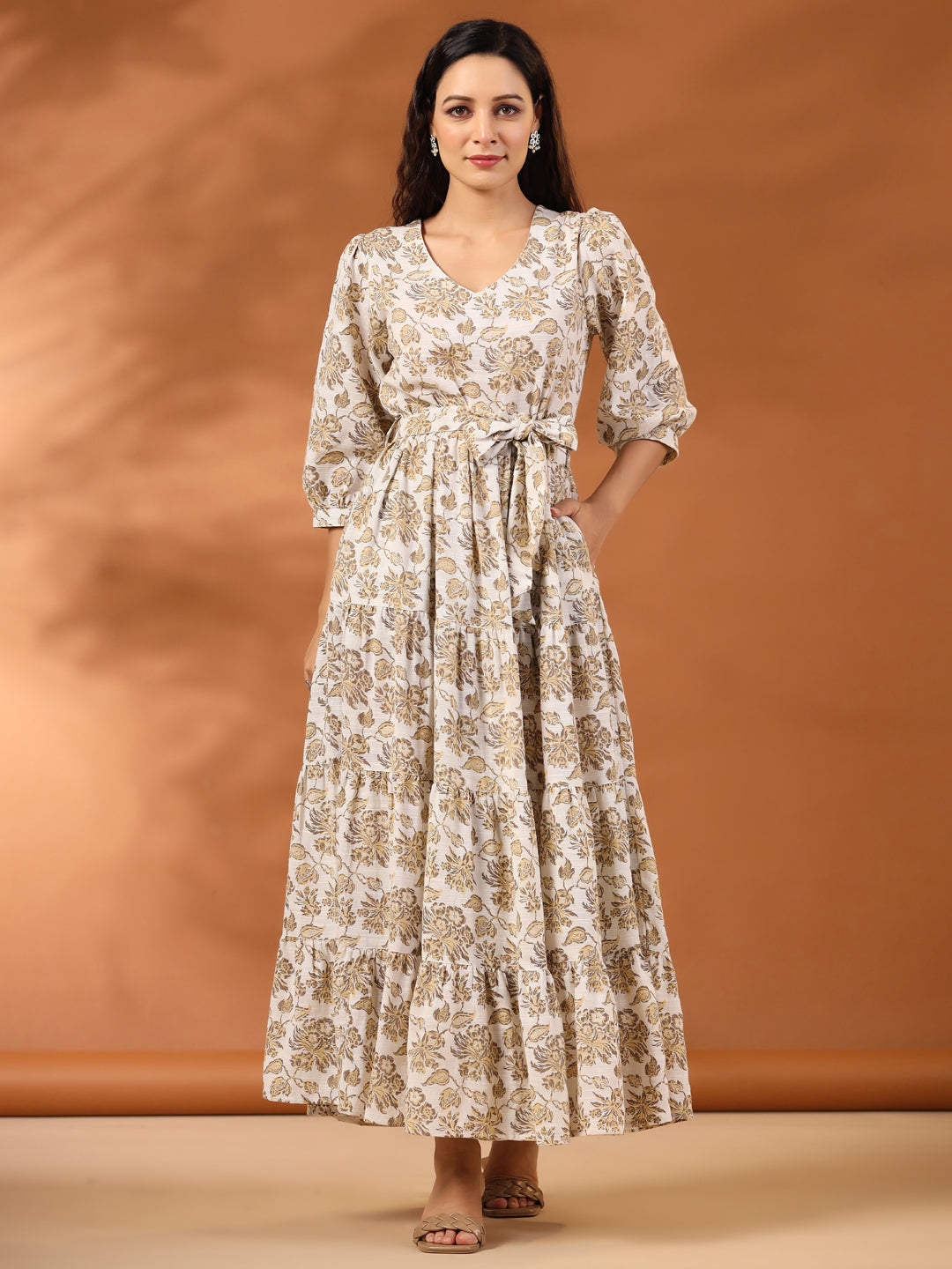 Beige Floral Printed Tier Cotton Dress