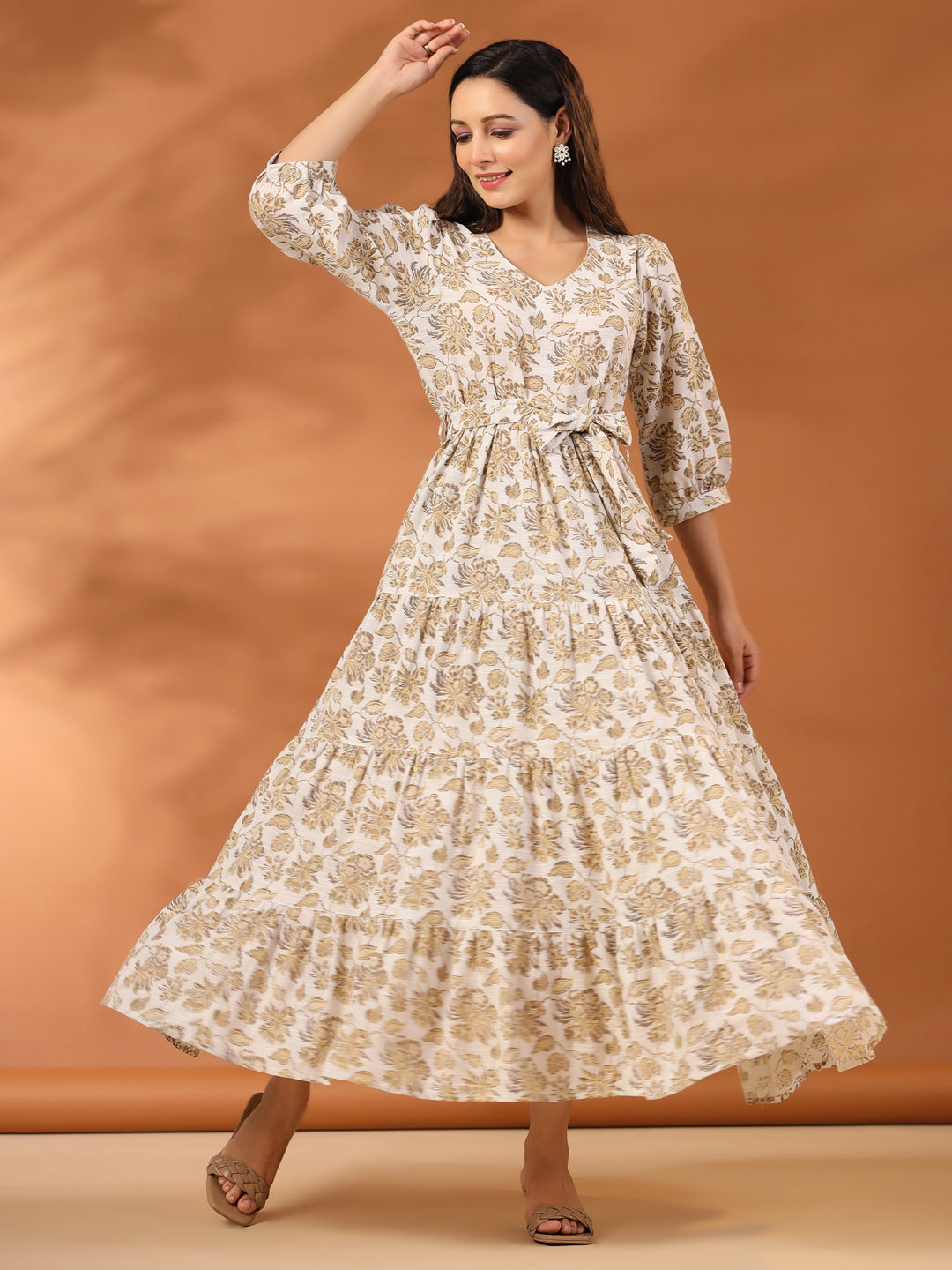 Beige Floral Printed Tier Cotton Dress